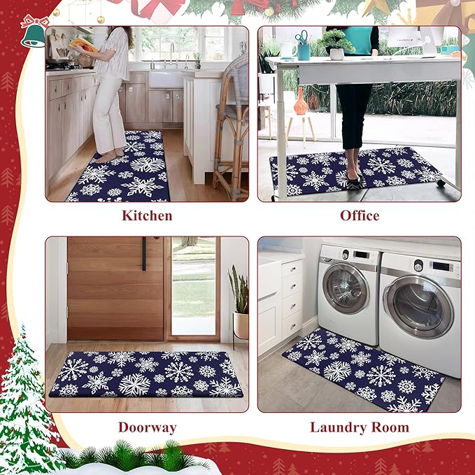SHACOS Christmas Kitchen Rugs Set of 2 Anti-Fatigue Kitchen Mats Cushioned Blue Christmas Kitchen Rugs White Snow Farmhouse Kitchen Mats and Rugs for Xmas 17x27.5+17x47, Blue Snowflakes