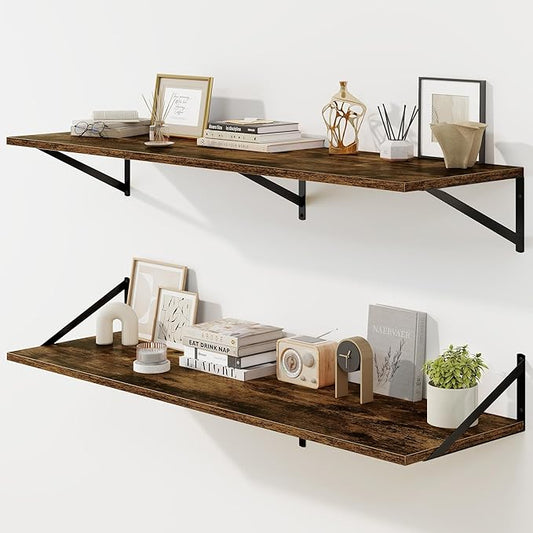 Fun Memories Floating Shelves for Wall, 12 Inch Deep Floating Shelves Set of 2, 48W x 12D Large Wall Shelf with Sturdy Metal Brackets for Living Room, Bathroom, Bedroom and Kitchen, Rustic Brown