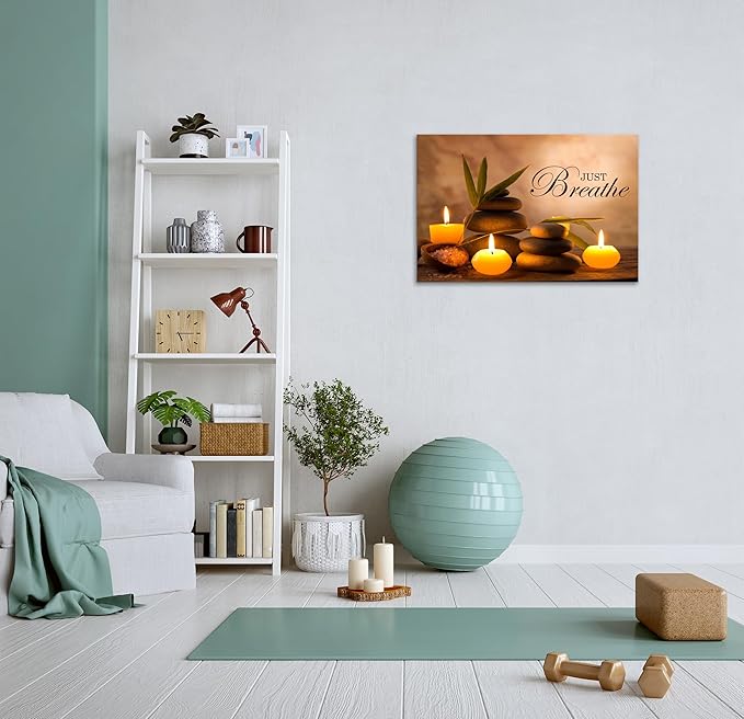 YIOZHAOFH Zen Wall Decor Just Breathe Motivational Bathroom Wall Art Yoga Room Poster for Women Spa Picture Painting Spiritual Artwork Framed for Living Room Ready to Hang (16L x 24W)