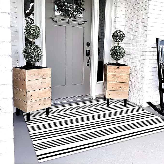 OJIA Black and White Outdoor Rug 3' x 5', Machine Washable Front Door Mats Outdoor, Cotton Hand-Woven Striped Porch Rug Entryway Rug Indoor/Outdoor Area Rug Floor Mat for Farmhouse/Living Room