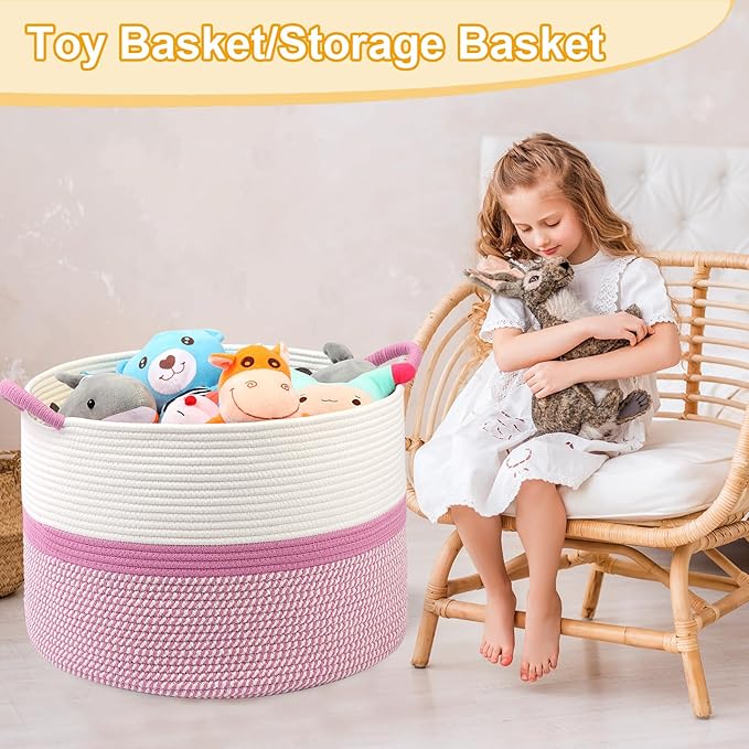 Pink Laundry Basket,20''x13''Woven Cotton Rope Laundry Hamper,Large Blanket Basket for Living Room,Baby Baskets,Kids Toy Storage Basket for Organizing,Woven basket,Clothes Hamper,Room Decor