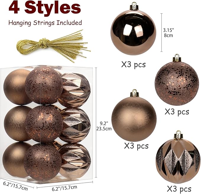 12PCS 3.15" Christmas Ball Ornaments Shatterproof Brown Christmas Tree Decorations Xmas Tree Balls Halloween Ornaments Décor