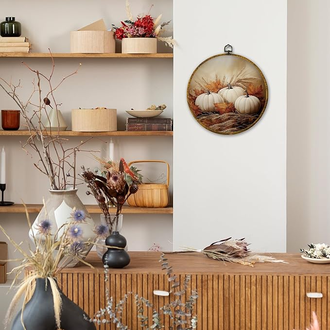 Mcehtle Rustic Fall White Pumpkin Wall Art Decor, Rustic Autumn Pumpkin Maple Leaf Framed Canvas Prints 10x10, Farmhouse Fall Round Wall Hanging Artwork Decorations for Bedroom Living Room Home