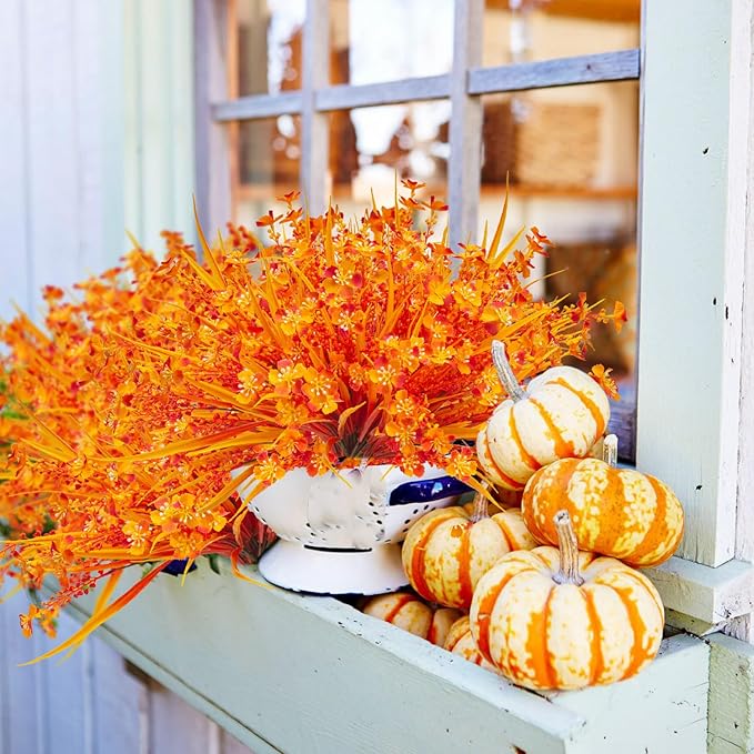 12 Bundles Artificial Fall Flowers for Outdoors Fake Plants UV Resistant Plastic Plants Shrubs Bushes for Home Fall Front Door Porch Garden Autumn Decor (Fall Orange)