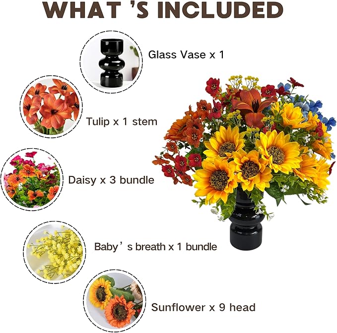 Fake Flowers with Vase, Sunflowers Artificial Flowers, Faux Flowers in Vase for Centerpiece Table Decorations, Fall Fake Plant Silk floral arrangements for Home Coffee Kitchen Dining Table Decor