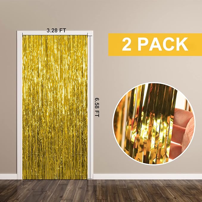 2 Pack Gold Backdrop Birthday Decorations Foil Curtain Backdrop Gold Streamers Dance Party Decorations Photo Booth Props for Bachelorette Decorations Christmas Halloween New Years Eve Party Supplies
