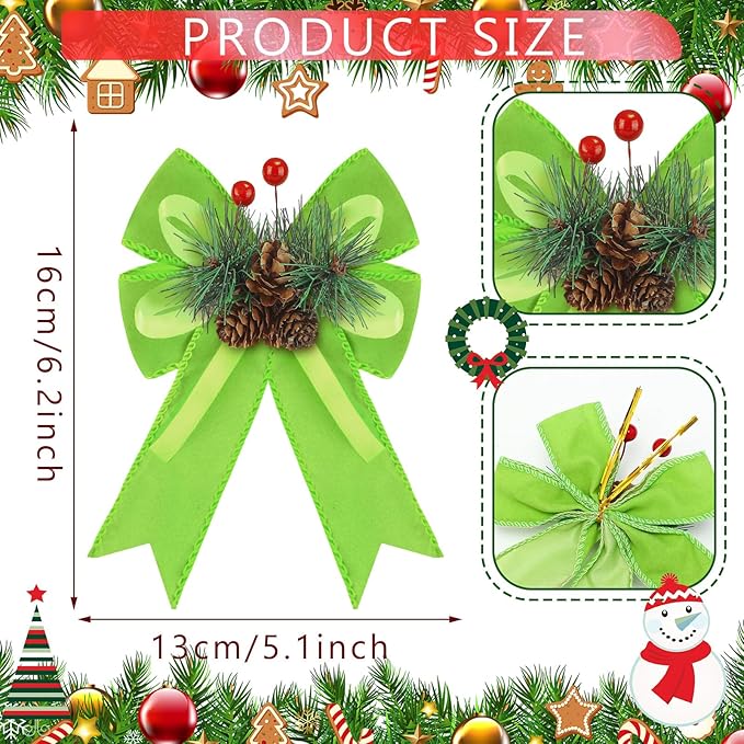 Syhood 6 Pcs Christmas Velvet Bow with Pine Cones Pine Needles Berries Xmas Lime Green Ribbon Bow Ornaments 6.3 x 5.1 Inch for Christmas Tree Wreath Garden Fireplace Crafts DIY Decor