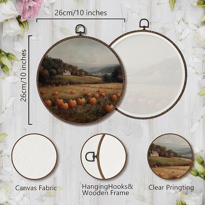 XNXLDYLH Rustic Fall Pumpkin Patch Round Framed Wall Art Decor, Farmhouse Hanging Wall Decor Decorations, Autumn Fall Landscape Canvas Prints Wall Art Pictures Paintings for Living Room, 10x10 Inches