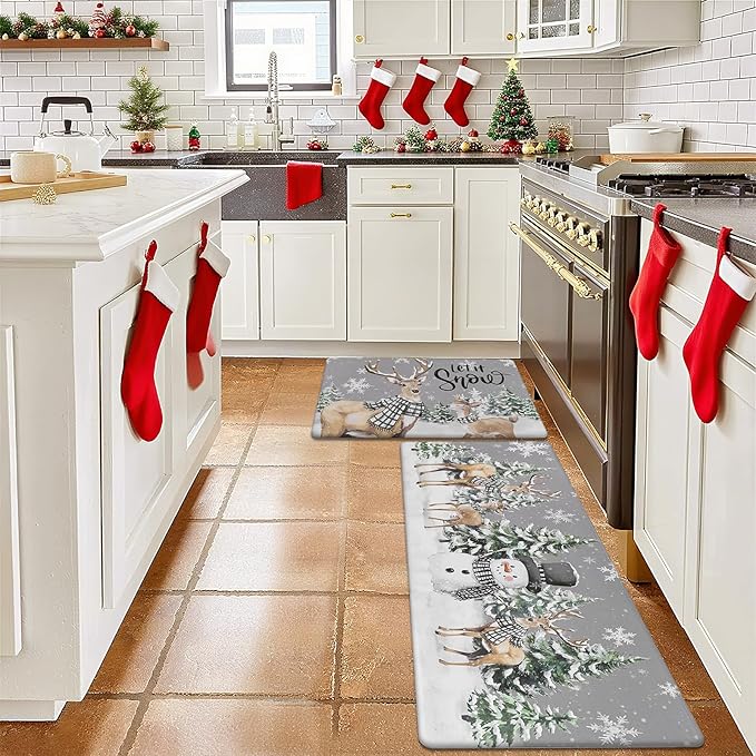 SHACOS Christmas Kitchen Rugs Set of 2 Anti-Fatigue Kitchen Mats Cushioned Christmas Deer Forest Trees Farmhouse Kitchen Mats and Rugs for Xmas 17x27.5+17x47, Forest Deer