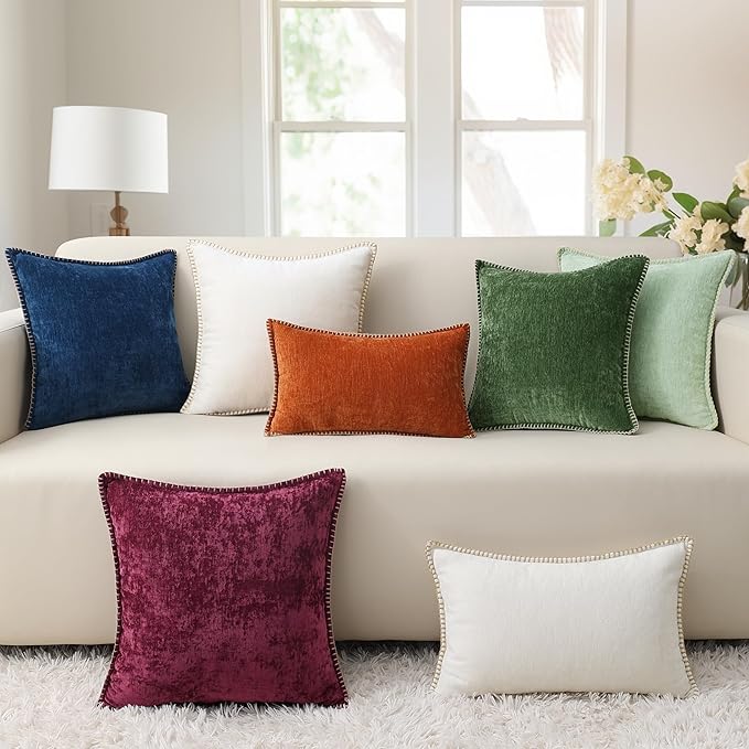 decorUhome Christmas Chenille Soft Throw Pillow Covers 16x16 Set of 2, Farmhouse Velvet Neutral Decorative Euro Pillow Covers with Stitched Edge for Couch Sofa Bed Home Decor, Rhododendron