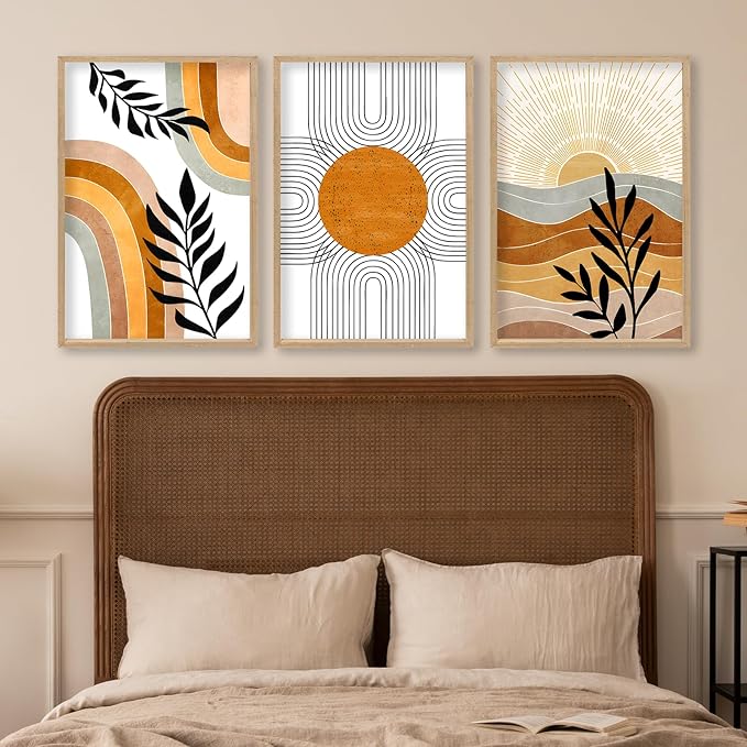 Geometric Sun Desert Plant Wall Art 16"x24" Set Of 3 Boho Wooden Framed Abstract Minimalist Sign Living Room Aesthetics Botanical Nature Illustrations Bedroom Office Wall Hanging Decor (Wood)