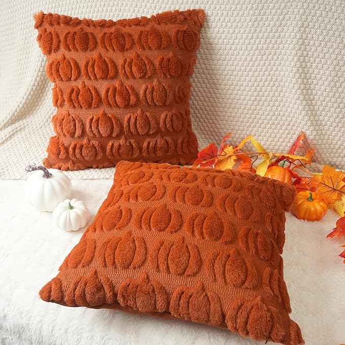 GEEORY Fall Pumpkins Soft Plush Pillow Covers, 26 x 26 Inch Set of 2, Fluffy Faux Fur Wool Decorative Farmhouse Cushion Case for Sofa Home Decoration Rust GC001-26