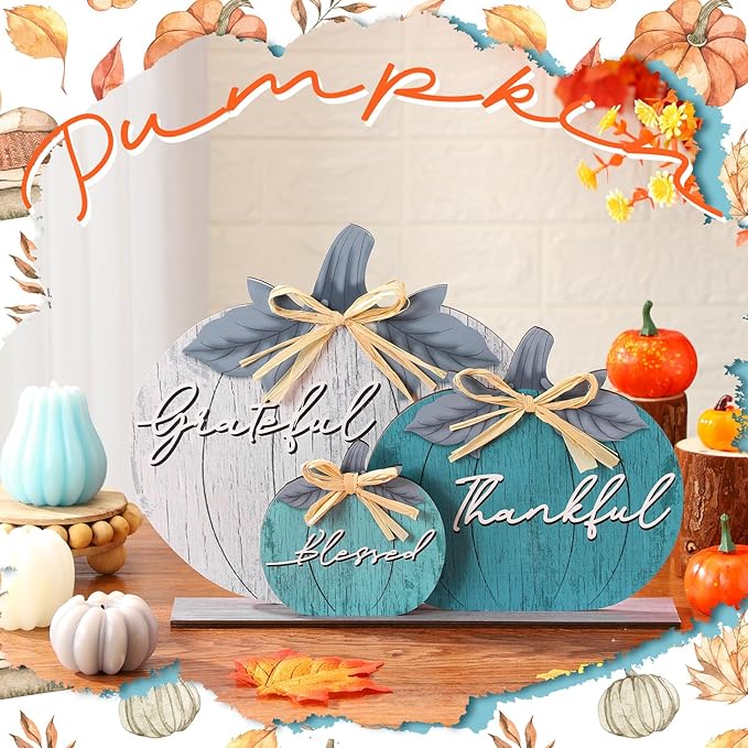 Soaoo Fall Pumpkin Table Decorations Wooden Thankful Blessed Centerpiece Autumn Grateful Tabletop Decor Farmhouse Harvest Pumpkin Block Signs for Party Rustic Table Shelf Decor Home(Novel)