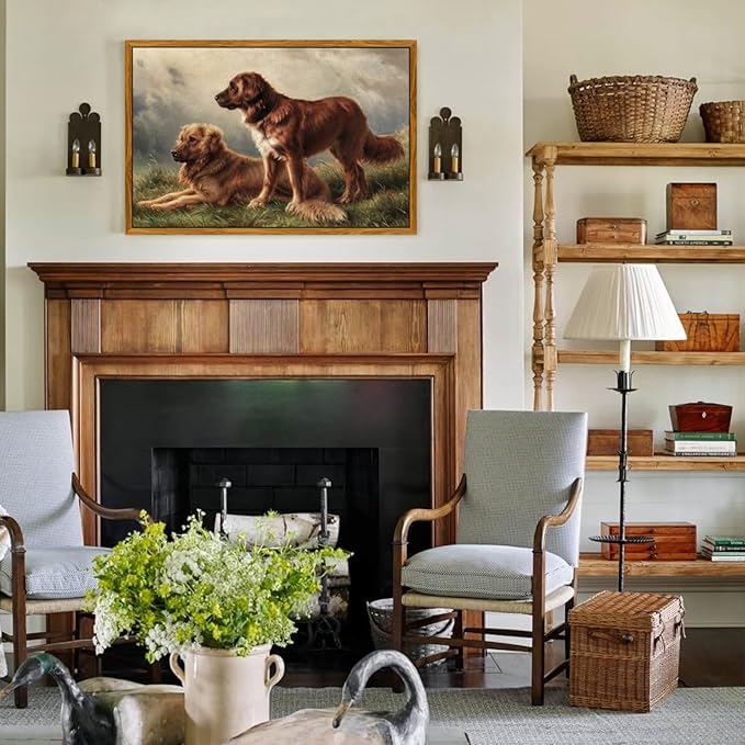 crmotu Framed Wall Art Prints, Still Life Dogs Vintage Decor Paintings, Meadow Golden Retriever Animal Canvas Pictures, Retro Rustic Home Decor Living Room Bedroom Kitchen Aesthetic Artwork 20x30in