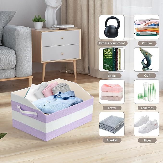 Linen Closet Organizers and Storage, Trapezoid Fabric Bins, Home Office Organization Baskets Striped Collapsible Box with Handles for Clothes, Blanket, Books, DVD, 4 Pack, Purple/White
