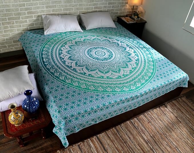 RAJRANG Extra Large King Size Mandala Tapestry for Bedroom and Living Room Wall Hanging Cotton Ombre Tapestries Sea Green 90x108 Inch