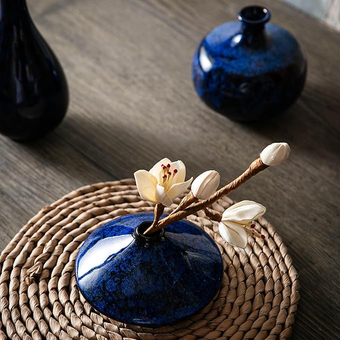 Blue Ceramic Bud Vases, Set of 6 Small Glazed Pottery Vases for Floral Arrangements, Decorative Rustic Vases for Modern Farmhouse Home Decor, Living Room, Dining Table Centerpieces