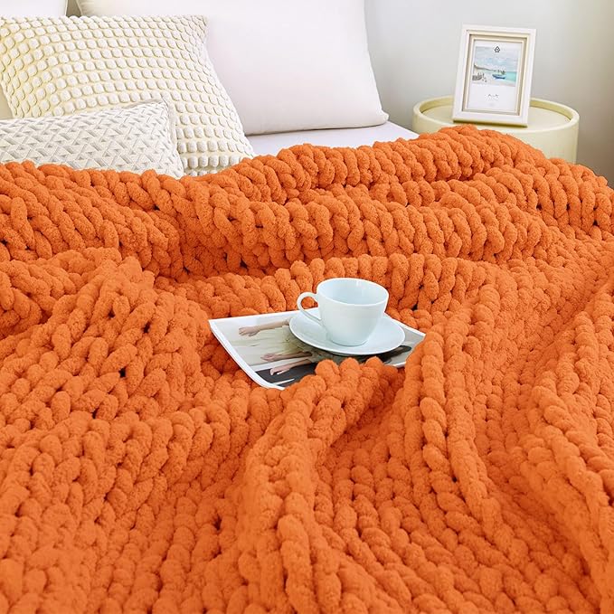 Admitrack Chunky Knit Blanket Throw, 100% Hand Knit Chenille Throw Blanket for Sofa & Home Decor, Soft and Cozy Knitted Throw Blankets (Orange, 51"x63")