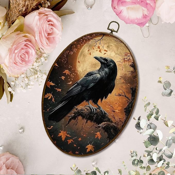 JQF Crow Decor, Fall Gothic Raven Oval Wall Art, Vintage Rustic Fall Crow Oval Canvas Wall Art, Dark Cottagecore Gothic Autumn Raven Framed Prints Hanging Decor for Home Bedroom Living Room, 8.5x11.5 Inch