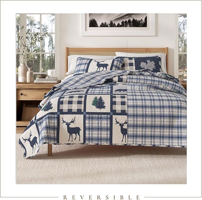 Great Bay Home Lodge Bedspread Full/Queen Size Quilt with 2 Shams. Cabin 3-Piece Reversible All Season Quilt Set. Rustic Quilt Coverlet Bed Set. Stonehurst Collection. (Navy/Grey)
