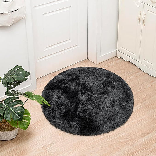 Tie Dye Black Round Rugs Small 3x3 ft Fluffy Circle Rug Furry Carpet Shaggy Circular Fuzzy Plush Area Rug for Girls Bedroom Kids Room Living Room Nursery Cute Room Decor Pet mat Doormat