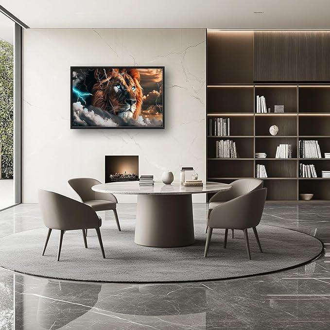 Abstract Lion Large Framed Wall Art Cool Lion Lightning Pictures Oversized Rustic Wild Animal Wall Decor Canvas Print Painting Aesthetic Modern Artwork for Living Room Bedroom Office Bathroom Home Decor 36L"x24W"