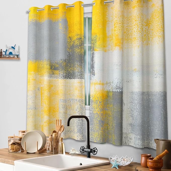 Yellow Window Curtain Yellow Grey Abstract Thermal Insulating Drapes Rust Art Treatment Drapes Modern Curtains for Living Room Bedroom Hotel, 26" x 36", 2 Panels