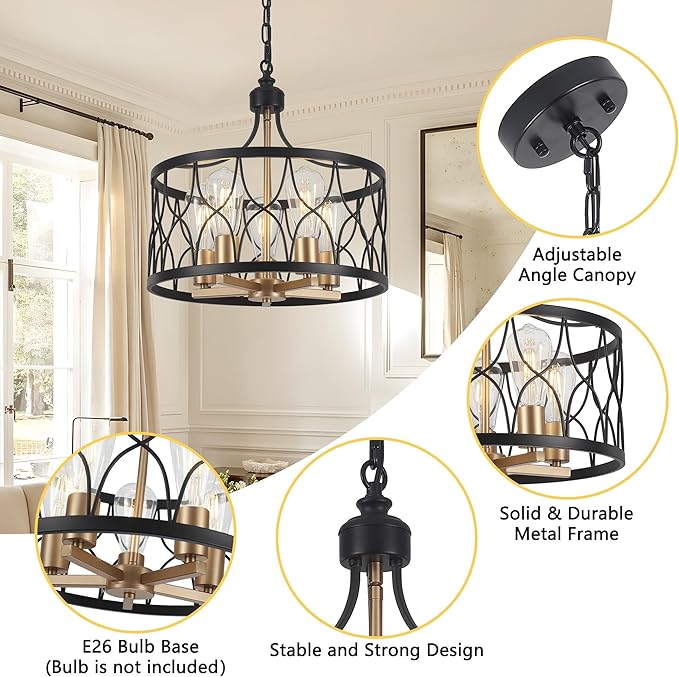 15.74" Farmhouse Ceiling Light Fixture, Hight Adjustable, 5-Light Modern Industrial Metal Cage Pendant Lighting for Kitchen Island Dining Room Living Room and Entryway (Gold)
