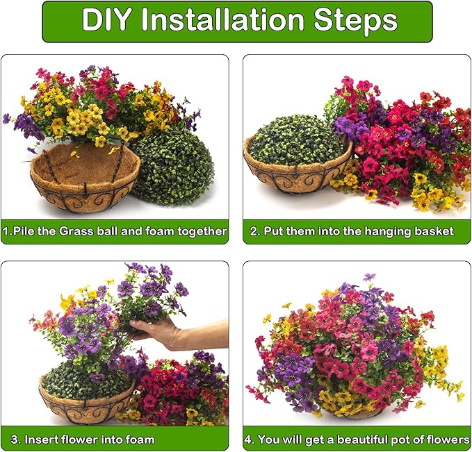 Artificial Hanging Flowers Basket with Colorful Silk Daisies & Eucalyptus - UV/Sun-Resistant Plant for Outdoor Porch, Patio, Balcony - Indoor/Outdoor Home Decor