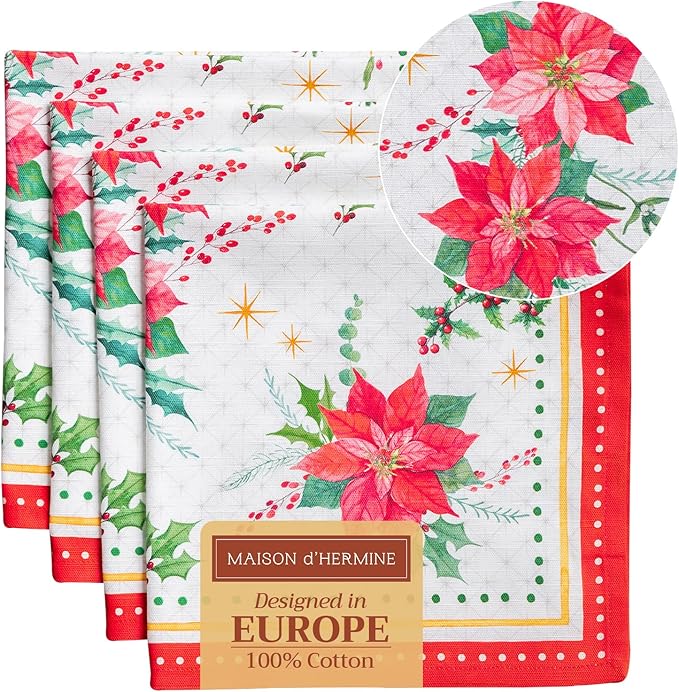 Maison d' Hermine Cloth Napkins Set of 4 100% Cotton Everyday Reusable Square Napkins Cloth Washable, Dinner, Party, Wedding, Restaurant (Poinsettia Christmas, 20" x 20")