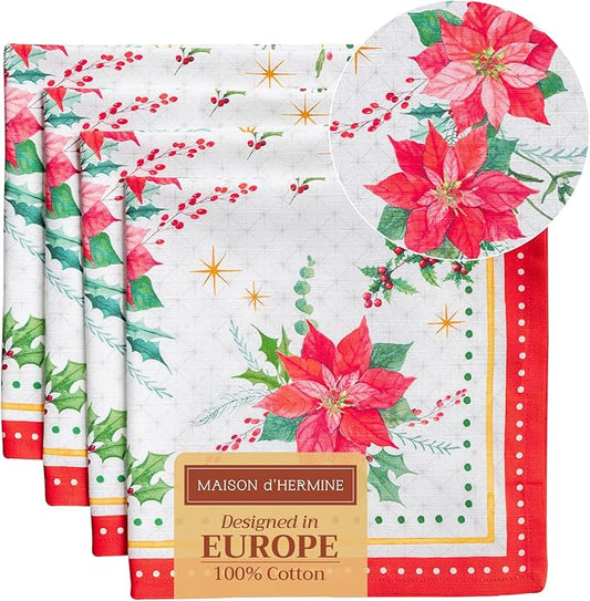 Maison d' Hermine Cloth Napkins Set of 4 100% Cotton Everyday Reusable Square Napkins Cloth Washable, Dinner, Party, Wedding, Restaurant (Poinsettia Christmas, 20" x 20")