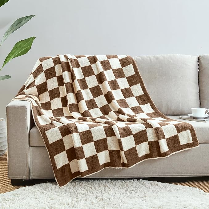CozeCube Checkered Blanket, Ultra Soft Cozy Dark Brown and White Throw Blanket, Warm Cozy Knit Fuzzy Plush Checkerboard Throw for Couch Bed Sofa, 60"x80"