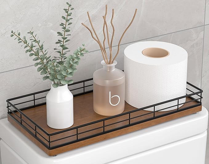 Toilet Paper Basket Organizer – Oak Wood Toilet Tank Tray with Metal Frame, Back of Tank or Top Bathroom Counter Storage – Black & Brown Modern Decor