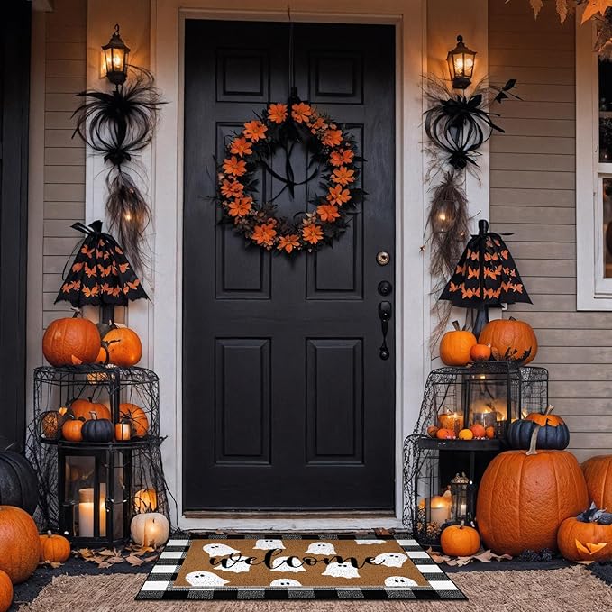 2 Pcs Halloween Door Mat White Ghost Welcome Non Slip Coir Mats Black White Buffalo Plaid Floor Layering Doormats Seasonal for Front Porch Entryway Decor(Plaid Ghost)