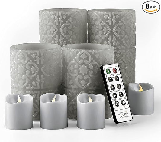 FURORA LIGHTING Grey Rome Real Wax LED Candles with Remote and Timer, 4 Pillar and 4 Votives Pack of 8, Flameless Flickering Candles for Home Décor, Battery Included
