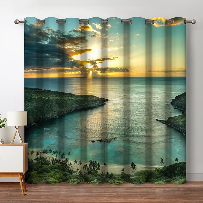 Jekeno Ocean Beach Blackout Curtains Ocean Morning Sunrise Decor for Home Bedroom Living Room with Hawaiian Seaside Scene Island Green Print Grommet Window Drapes 2 Panel Set, 42"x63"