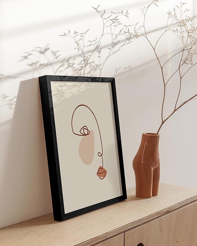 HAUS AND HUES Female Figure Wall Art Line Drawing - Single Line Drawing Wall Art, Woman Art Print Line Art Wall Decor Minimalist Wall Decor, Silhouette Lipstick (Black Framed, 12x16)