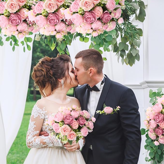 Geosar 8 Bundles Artificial Peonies Flowers Fake Silk Peony Bouquet Faux Peonies Flowers Bulk for Decoration Vase Florals Arrangements Wedding Party Table (Russet Red,Light Pink)