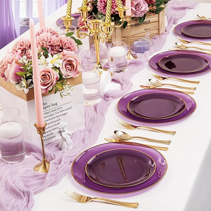 YOUBET 125PCS Purple Plastic Plates - Purple Disposable Plates With Gold Rim - Include 50 Dinner & Dessert Plate, 75 Gold Cutlery Perfect for Wedding Parties
