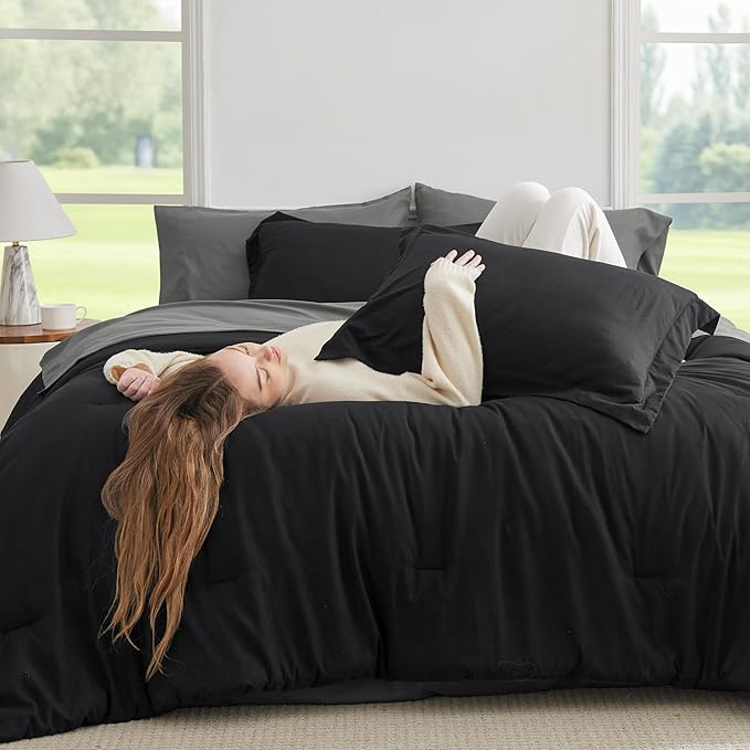 Bedsure King Size Comforter Set - 7 Pieces Black King Bedding Set for All Seasons, Boho Contrasting Design Bed in a Bag with Comforter, Sheets, Pillowcases & Shams