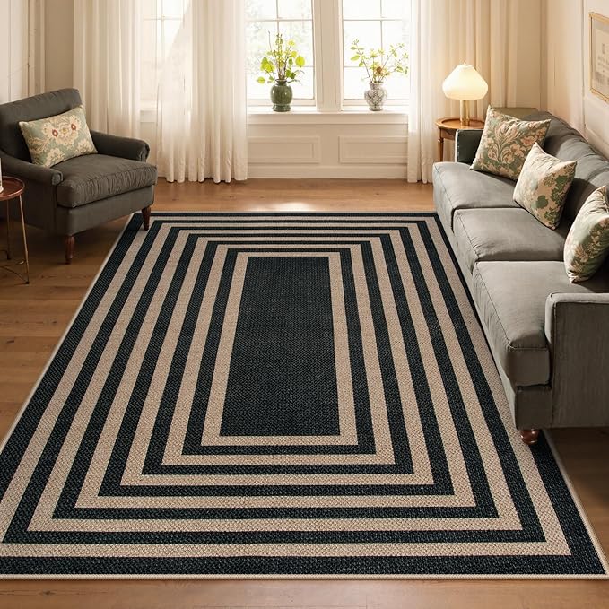 Lahome Modern Geometric Easy Jute Outdoor Rug, 5x7 Patio Living Room Rug Large Black Carpet for Bedroom, Farmhouse Washable Indoor Outdoor Carpet for Dining Room Backyard Deck