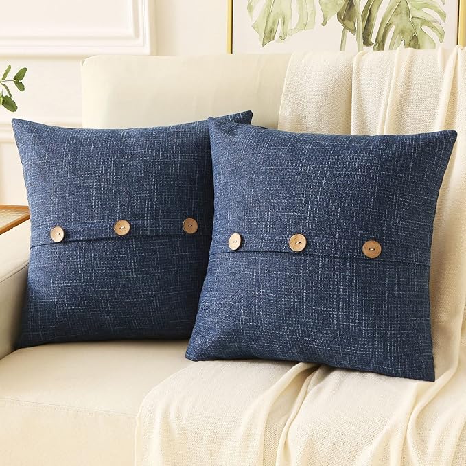 HAUSSY Navy Blue Linen Decorative Throw Pillow Covers 22x22 Inch Set of 2,Square Cushion Case with 3 Vintage Buttons,Modern Farmhouse Home Decor for Couch,Bed