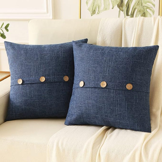 HAUSSY Navy Blue Linen Decorative Throw Pillow Covers 24x24 Inch Set of 2, Square Euro Cushion Case with 3 Vintage Buttons,Modern Farmhouse Home Decor for Couch,Bed