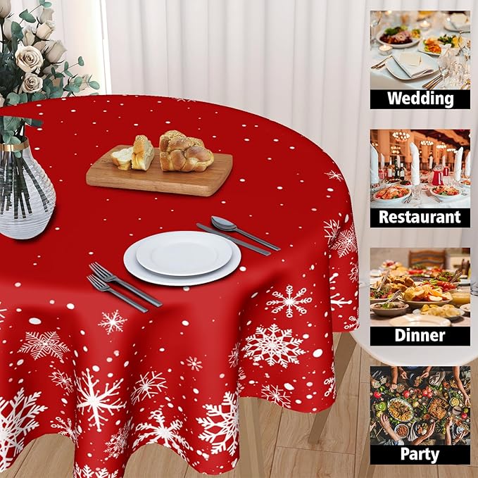 Christmas Round Tablecloth 60 Inch, Merry Christmas Snowflake Round Table Cloth Outdoor Waterproof Christmas Tablecloths Red Xmas Cover Holiday Tabletop Decoration for Kitchen Home Party Dining