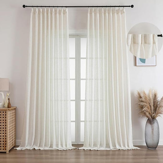 Neutral Pinch Pleated Linen Semi Sheer Curtains 96 Inches Long, 50 Inches Width, Cream Beige Light Filtering Drapes for Living Room Bedroom, Modern Farmhouse Window Curtain Panels