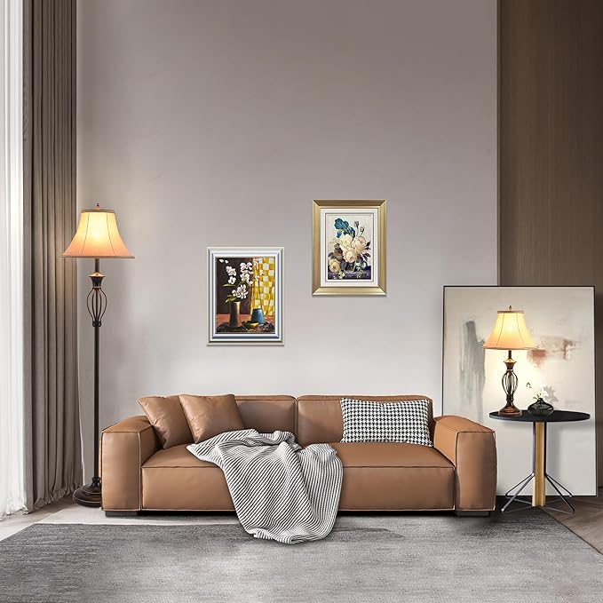 3 Pack Lamp Set, Living Room Light Set of 3, Floor and Table Lamp Set in Black Finish with Vintage Brown Fabric Light Shades, 26" and 61"(H), Solid Iron