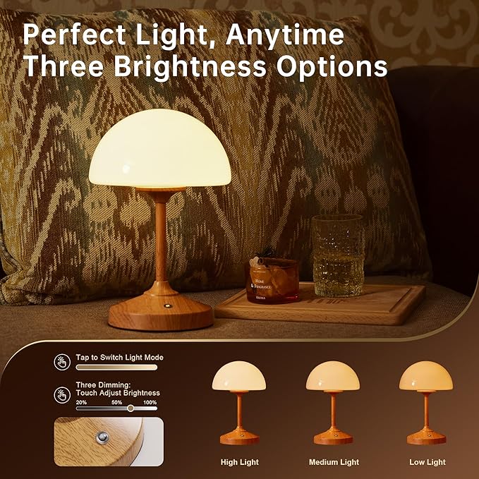 Mushroom Lamp Table Lamp Waterproof,Desk Cordless Battery Operated Table Lamps for Bedroom,Outdoor Cordless Rechargeable Touch Bedside Lamps for Night Stands,5000mAh LED Light for Living Room