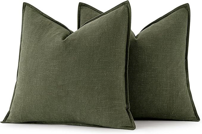 MIULEE Decorative Linen Pillow Covers 20x20 Inch Dark Olive Green Boho Farmhouse Neutral Couch Throw Pillows for Bed Pack of 2 Accent Modern Pillowcase Sofa Livingroom Home Decor