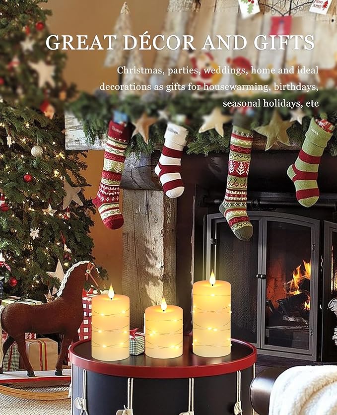 Da by Flameless Candles with String Lights, Battery Operated Candles with Remote and Timer, LED Pillar Candle Real Wax,3 Pack-Ivory White