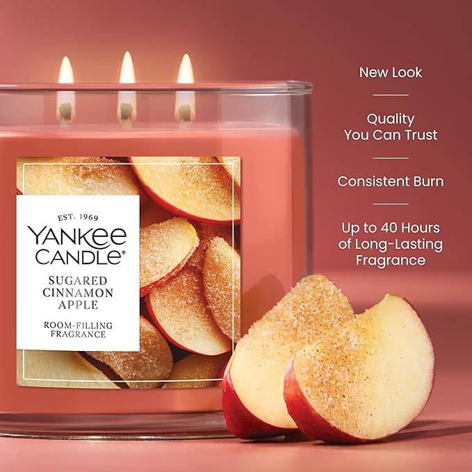 Yankee Candle 3 Wick Candle Jar, Scented Candle with up to 40 Hours of Burn Time, Premium Plant Wax Blend for Consistent Long Lasting Scent from First to Last Burn, Sugared Cinnamon Apple